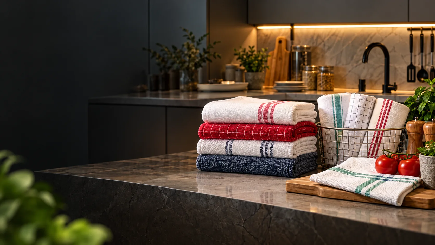 Kitchen towels and dish cloths arranged in a contemporary kitchen